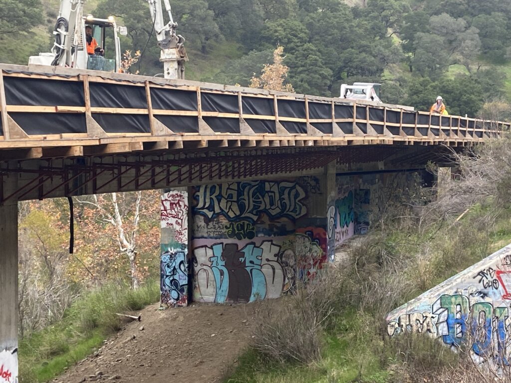 A bridge with graffiti on it and trees in the background.